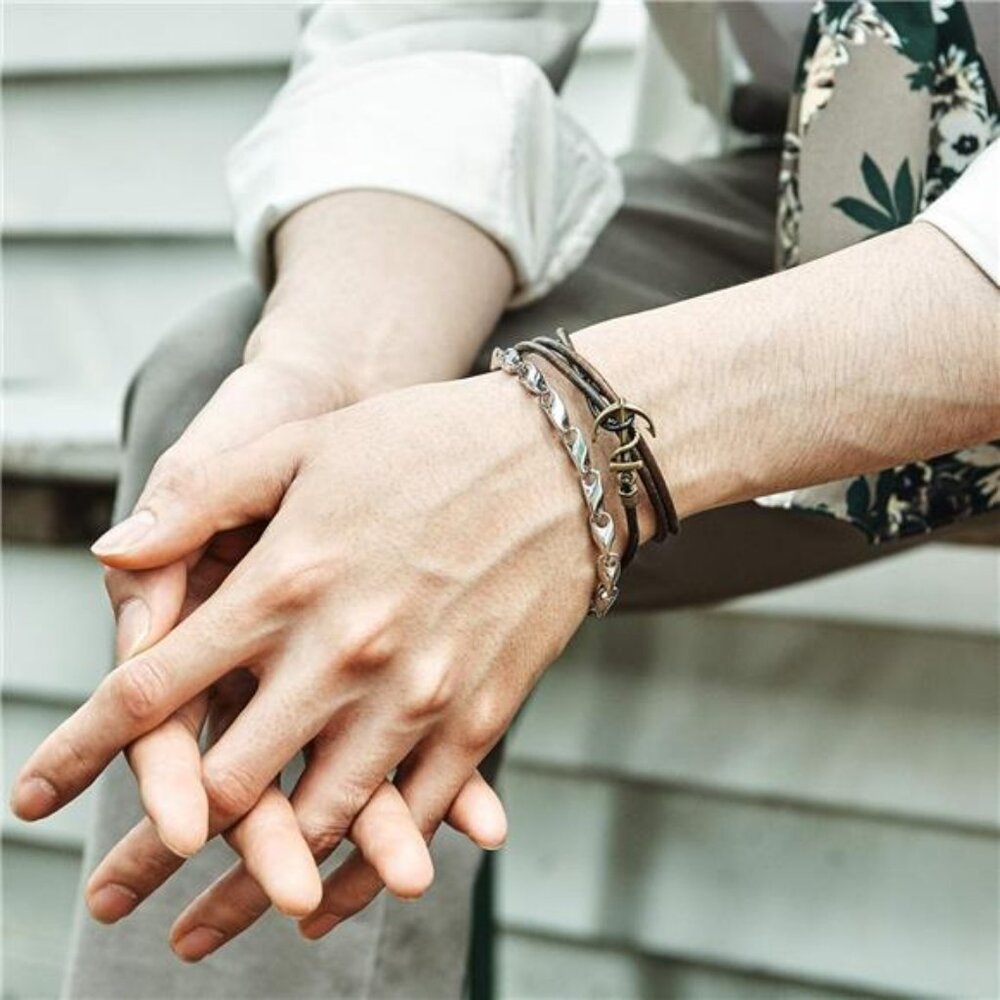 Handmade Genuine Leather Wrap Bracelet for Mens - Metal Anchor Hook Mens - Picture 3 of 6